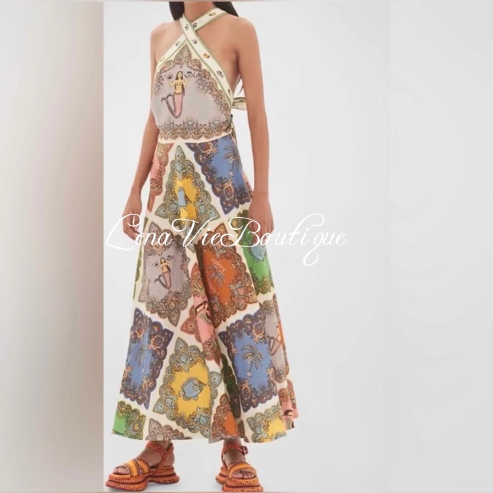 LenaVie Boutique | Tropical Tile-Print Cotton Halter A Line Mermaid Dress - Picture 3 of 14